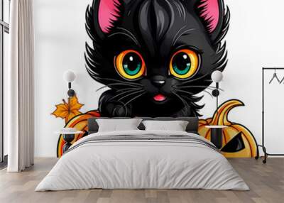 Cute funny black kitten on a Halloween pumpkin, cartoon character on a white background isolated. Wall mural