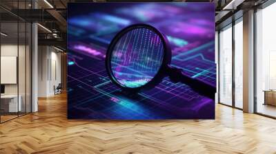 Data analysis, search engine optimization or SEO. magnifier, charts, graphs. ultraviolet and neon screen. AI generative Wall mural