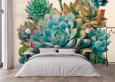 Decorative succulents in the style of an ancient botanical illustration, houseleeks, cactus, aloe, vintage wall art. Wall mural