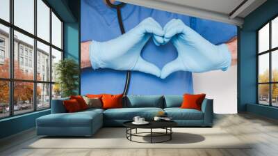 Doctor and hands in the shape of a heart. Close-up, white isolated background. Studio shoot. Health care concept Wall mural