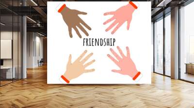 Extended hands with different skin tones in the direction of the inscription in the center of friendship.vector digital illustration in hand-drawn style. for postcards, posters, and social media. Wall mural