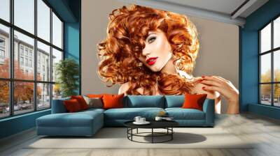 long curly red hair. fashion woman portrait. beauty model girl w Wall mural