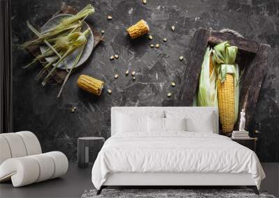 Grilled corn cobs with sauce, coriande. Mexican food. Top view. Copy space, healthy food, vegetables Wall mural