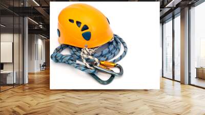 climbing equipment - carabiners, helmet and blue rope Wall mural