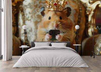 Hamster in a crown sits on a throne with a phone. Animal is playing a game on a smartphone. success and crypto exchange Wall mural