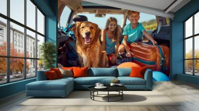 Happy Siblings and Golden Retriever Ready for Road Trip, Summer Vacation Fun Wall mural