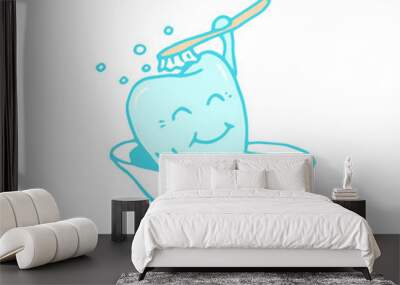 Happy tooth character with a brush bathes in a bathtub. Hand drawing. Hygiene and dental care concept. Vector stock illustration. Wall mural