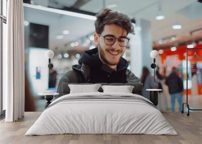 Happy young man shopping for a new smartphone in an electronics store, smiling while sitting at a counter near a shelf with digital products. man wearing glasses inside a modern shop interior Wall mural