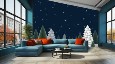 2025 Christmas 3d vector tree scene. Silver stars glow in dark blue sky, snowfall illustration. Merry Xmas, Happy New year evening decoration. Snowy fir tree in snowdrift. Night glitter landscape snow Wall mural