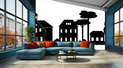 Small Town or village silhouette with chapel houses landscape black and white Wall mural