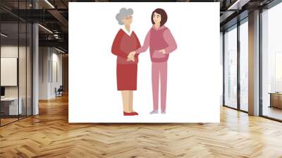 Young and old women stand together looking at each other. Eldery parent support, help and care for grandmother. Concept vector illustration Wall mural