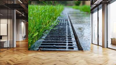 iron grate of a drainage system for storm water drainage from a pedestrian sidewalk near a green lawn. Wall mural