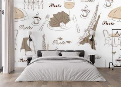 Stylish seamless pattern with eiffel tower , cafe and bird Wall mural