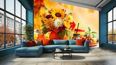  Concept of autumn festive decoration for Thanksgiving day or Halloween. Autumn bouquet of beautiful flowers and berries in a pumpkin, different fruits and drinks on wooden white table. Wall mural