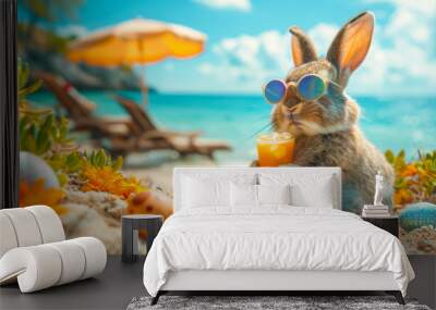 A bunny in sunglasses enjoys cocktail on the beach Wall mural