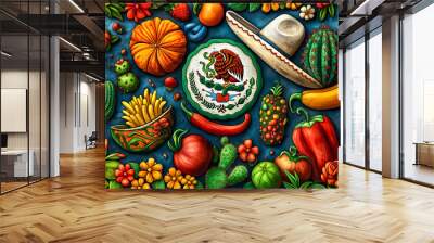 A table full of food with a variety of vegetables,fruits and appetizers mexican cuisine. Concept traditional mexican food Wall mural