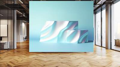 A three-dimensional geometric forms from a neon holographic material on light pastel background. Empty podiums for presentation products. Wall mural