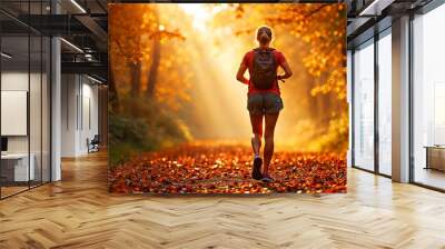 A woman is running through autumn forest with leaves on the ground Wall mural