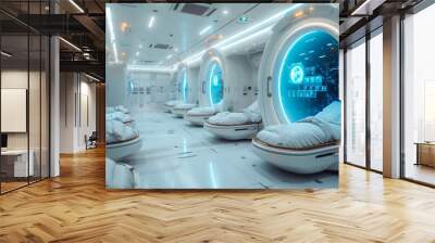 Advanced cryogenic storage system with illuminated chambers in a tech facility. Cryogenic Chambers for freezing bodies Wall mural