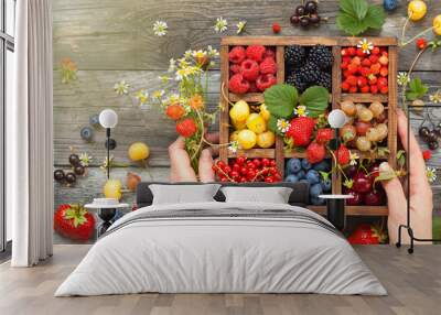 Assorted berries in box. Wall mural