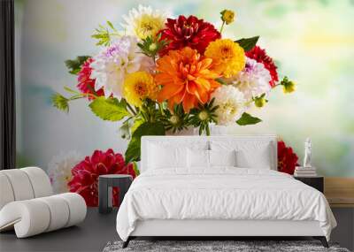 Autumn still life with garden flowers. Beautiful autumnal bouquet in vase on wooden table. Colorful dahlia and chrysanthemum. Wall mural