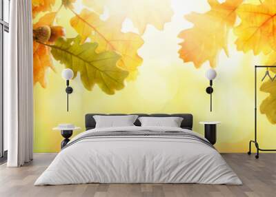 Autumn yellow leaves of oak tree with acorns in autumn park. Fall background with leaves in sun lights with bokeh. Beautiful nature landscape. Wall mural