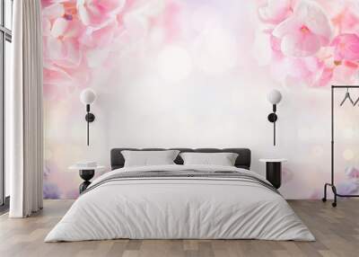 Beautiful spring flowers blurred background with bokeh effect. Flower concept with purple and pink hortensia. Wall mural