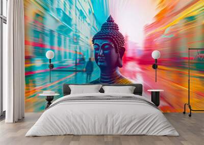 Buddha statue against a blurred urban backdrop, the motion blur symbolizes the bustling world around the serene focus of meditation. Vesak day Wall mural