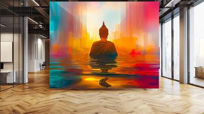 Buddha statue against a blurred urban backdrop, the motion blur symbolizes the bustling world around the serene focus of meditation. Vesak day Wall mural