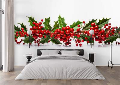 Christmas decoration garland from holly berries and leaves, with red ribbon on white background. Winter festive nature concept. banner Wall mural