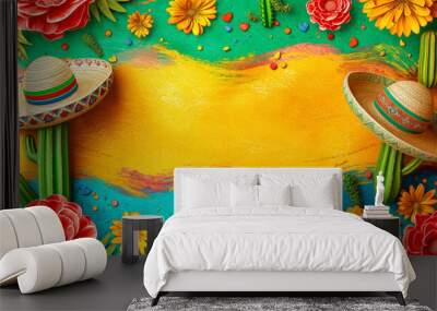 Cinco De Mayo concept with a cactus and a sombrero. Mexican holiday traditions, colors mexican flag. Wall mural