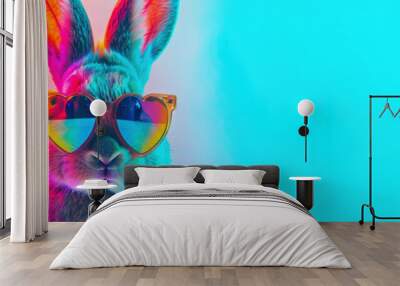 Easter Rabbit with Heart-Shaped Neon Glasses Wall mural