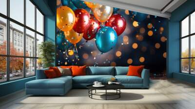 Festive background with colorful balloons and shiny confetti. Wall mural