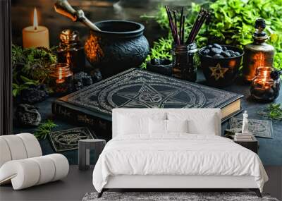 Magical Witchcraft Altar with Spell book, Candle, and Potion Ingredients Wall mural