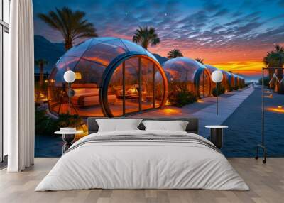 Modern igloo tents designed for luxury desert camping, set against a twilight sky filled with stars.Geodesic domes. Wall mural