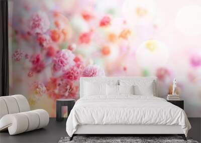 Spring floral composition made of fresh colorful flowers on light pastel background. Festive flower concept with copy space. Wall mural