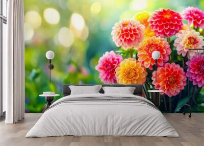 Summer garden with colorful dahlias flowers. Gardening and Flowering background. Wall mural