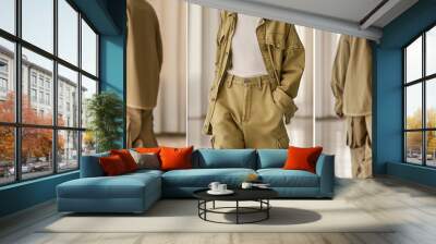 Triptych display of a model showcasing a casual olive-toned outfit in various poses and environments, emphasizing modern, relaxed style and comfort Wall mural