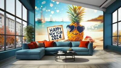 Tropical New Year Celebration, Pineapple with Sunglasses on the Beach. Wall mural