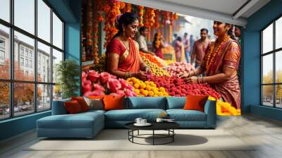 Two women in traditional Indian clothing select vibrant marigold and rose flowers. A bustling market scene during Diwali. Wall mural