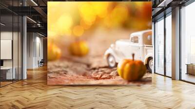 White retro truck with pumpkins in forest with festive bokeh background. Concept of Thanksgiving day, Halloween and autumn postcards. Wall mural