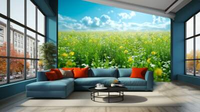 Wildflower Meadow Bathed in Sunlight with a Scenic Cloudy Sky Wall mural