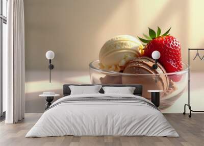 A colorful and appetizing close-up of scoops of vanilla, chocolate ice cream, and strawberry in a glass bowl Wall mural