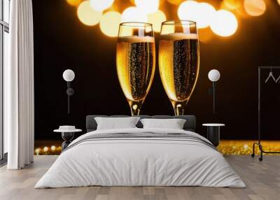 celebration toast with champagne and abstract bokeh glitter lights Wall mural