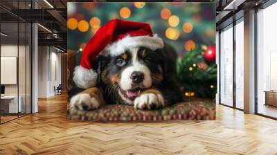 Cute Bernese Mountain Dog Puppy in Santa Hat. Christmas festive decor on bokeh effect background Wall mural