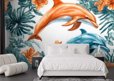 Dolphins, tropical flowers and leaves in orange and blue. Vibrant Nautical Design for Fabric, wrapping paper, gift cards Wall mural