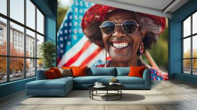 Smiling senior african american woman celebrating US Independence Day, July 4th Wall mural