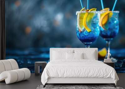 horizontal banner, National Day of Sweden, Swedish flag, elegant citrus alcoholic cocktails with lemon and mint on the background of a painted wall, copy space, free space for text Wall mural