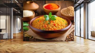 International Day of Nowruz, traditional Iranian and Turkic cuisine, Halim ashi, national Uzbek pilaf, with pieces of vegetables and herbs, pottery Wall mural