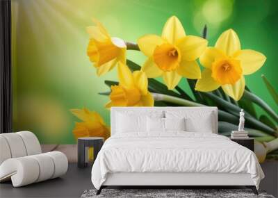 St. Davids Day, Mothers Day, international Womens Day, spring flowers, bouquet of yellow daffodils, green background, wooden table, sunlight Wall mural